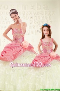 Excellent Beading and Ruffled Layers and Hand Made Flower Quinceanera Dress Pink Lace Up Sleeveless Floor Length