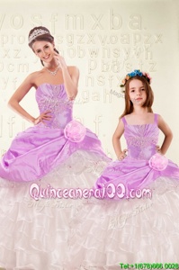 Organza and Taffeta Sweetheart Sleeveless Lace Up Beading and Ruffled Layers and Hand Made Flower 15th Birthday Dress inLilac