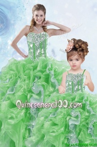 Dramatic Green Lace Up Sweetheart Beading and Ruffles and Sequins Vestidos de Quinceanera Organza Sleeveless