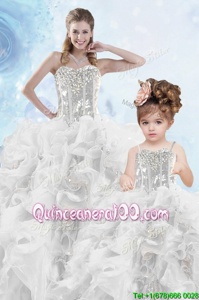 Pretty Sweetheart Sleeveless 15th Birthday Dress Floor Length Beading and Ruffles and Sequins Silver Organza