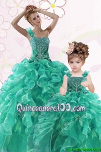 Exquisite One Shoulder Turquoise Sleeveless Floor Length Beading and Ruffles Lace Up Quinceanera Gowns