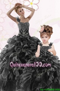 Eye-catching One Shoulder Beading and Ruffles 15 Quinceanera Dress Black Lace Up Sleeveless Floor Length