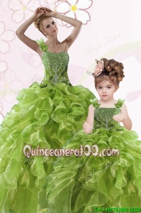 Unique Green Ball Gowns One Shoulder Sleeveless Organza Floor Length Lace Up Beading and Ruffles Quinceanera Gowns