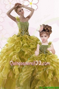 Dynamic Olive Green Lace Up Quince Ball Gowns Beading and Ruffles Sleeveless Floor Length