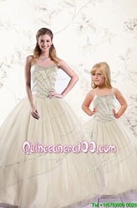 Affordable Sweetheart Sleeveless Quinceanera Dresses Floor Length Beading Champagne Tulle