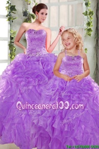 New Arrival Purple Organza Lace Up Ball Gown Prom Dress Sleeveless Floor Length Beading and Ruffles