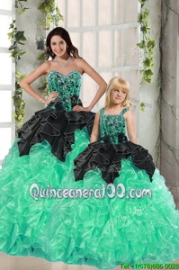 Glamorous Floor Length Lace Up Sweet 16 Dress Black and Apple Green and In forMilitary Ball and Sweet 16 and Quinceanera withBeading and Ruffles