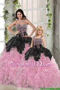 Modern Ball Gowns Quinceanera Dress Pink And Black Sweetheart Organza Sleeveless Floor Length Lace Up