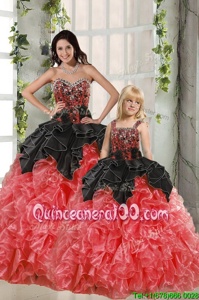 Dazzling Red And Black Organza Lace Up Quinceanera Dress Sleeveless Floor Length Beading and Ruffles