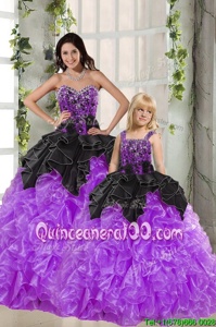 Glittering Black And Purple Lace Up Sweet 16 Quinceanera Dress Beading and Ruffles Sleeveless Floor Length
