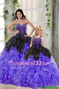 Delicate Sweetheart Sleeveless Lace Up Quinceanera Gown Black And Purple Organza