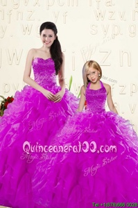 Comfortable Organza Sweetheart Sleeveless Lace Up Beading and Ruffles Quinceanera Gown inPurple