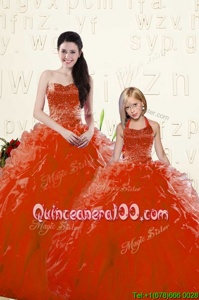 Fashion Red Organza Lace Up Sweetheart Long Sleeves Floor Length Quince Ball Gowns Beading and Ruffles