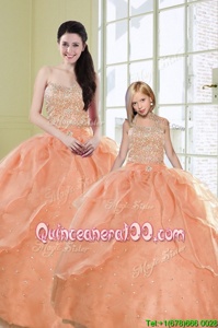 Nice Sleeveless Organza Floor Length Lace Up Sweet 16 Quinceanera Dress inOrange forSpring and Summer and Fall and Winter withBeading and Sequins