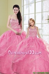 Cheap Rose Pink Ball Gowns Organza Sweetheart Sleeveless Beading and Sequins Floor Length Lace Up 15 Quinceanera Dress