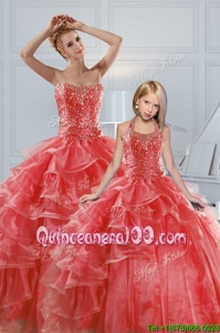 Noble Ruffled Floor Length Ball Gowns Sleeveless Coral Red Sweet 16 Dress Lace Up