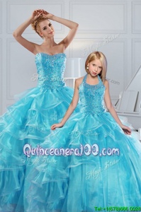Most Popular Aqua Blue Sweetheart Neckline Beading and Ruffled Layers Quince Ball Gowns Sleeveless Lace Up
