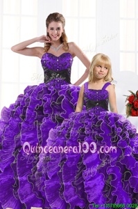 Fancy Beading and Appliques and Ruffles Quinceanera Gowns Navy Blue Lace Up Sleeveless Floor Length