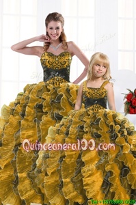Gold Sleeveless Organza Lace Up Sweet 16 Dress forMilitary Ball and Sweet 16 and Quinceanera