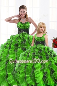 Glorious Spring Green Sleeveless Organza Lace Up Quinceanera Gown forMilitary Ball and Sweet 16 and Quinceanera