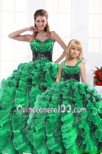 Customized Floor Length Lace Up Quinceanera Gown Green and In forMilitary Ball and Sweet 16 and Quinceanera withBeading and Appliques and Ruffles