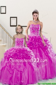 Graceful Fuchsia Ball Gowns Beading and Pick Ups Sweet 16 Dresses Lace Up Organza Sleeveless Floor Length