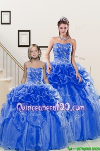 Comfortable Blue Organza Lace Up Sweetheart Sleeveless Floor Length Quinceanera Gown Beading and Pick Ups