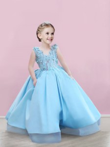 Glittering V-neck Sleeveless Flower Girl Dress Floor Length Appliques Baby Blue Satin