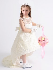 Decent Scoop High Low Zipper Flower Girl Dresses White for Party and Quinceanera and Wedding Party with Beading and Bowknot