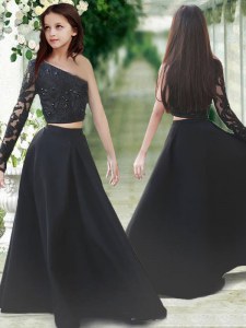 Clearance A-line Flower Girl Dresses for Less Black One Shoulder Satin Long Sleeves Floor Length Zipper