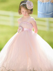 Chic Baby Pink Tulle Zipper Straps Sleeveless Floor Length Flower Girl Dresses for Less Bowknot and Hand Made Flower