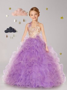 Chic Halter Top Sleeveless Flower Girl Dresses for Less Floor Length Beading and Ruffles and Hand Made Flower Lilac Organza