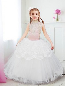 Halter Top Sleeveless Floor Length Beading and Lace Zipper Flower Girl Dresses for Less with White