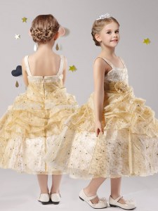 Gold Zipper Straps Pick Ups and Hand Made Flower Toddler Flower Girl Dress Organza Sleeveless