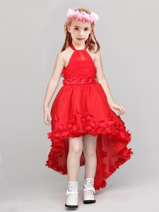 Hot Selling Halter Top Sleeveless High Low Appliques and Bowknot Zipper Toddler Flower Girl Dress with Red