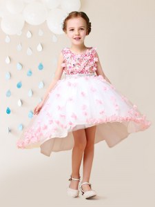 Glittering Scoop High Low Zipper Flower Girl Dresses Pink And White for Party and Quinceanera and Wedding Party with Lace and Appliques