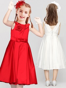 Simple Scoop Clasp Handle Satin Sleeveless Tea Length Flower Girl Dresses for Less and Bowknot and Hand Made Flower