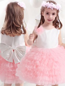 Chic Scoop Pink And White Ball Gowns Ruffled Layers and Bowknot and Hand Made Flower Flower Girl Dresses Side Zipper Tulle Sleeveless Knee Length