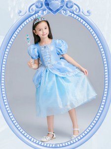 Square Short Sleeves Zipper Tea Length Beading Toddler Flower Girl Dress