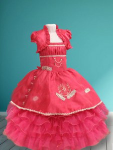 Elegant Sleeveless Organza and Taffeta Floor Length Lace Up Child Pageant Dress in Coral Red with Appliques and Ruffled Layers