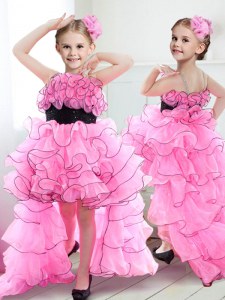 Elegant Straps Rose Pink Sleeveless Organza Zipper Flower Girl Dresses for Less for Party and Quinceanera and Wedding Party