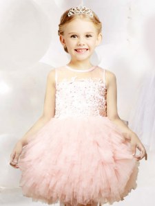 Baby Pink Zipper Scoop Appliques and Ruffles Toddler Flower Girl Dress Tulle Sleeveless