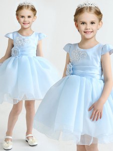 Scoop Light Blue Cap Sleeves Appliques and Bowknot and Hand Made Flower Mini Length Flower Girl Dresses