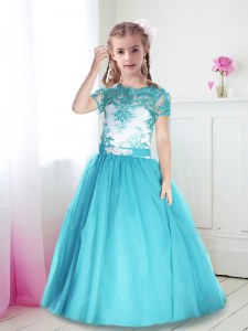 Free and Easy Turquoise A-line Scoop Short Sleeves Tulle Floor Length Zipper Lace and Belt Flower Girl Dress