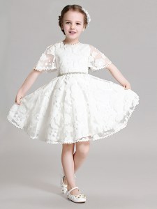 White Short Sleeves Beading and Appliques Mini Length Flower Girl Dresses for Less