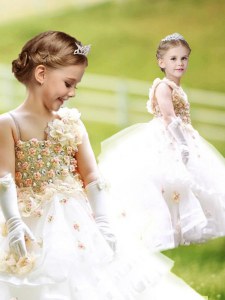White A-line Asymmetric Sleeveless Organza Brush Train Zipper Ruffled Layers and Hand Made Flower Flower Girl Dress