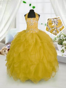 Stylish Halter Top Floor Length Gold Pageant Gowns For Girls Organza Sleeveless Beading and Ruffles