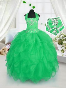 Apple Green Ball Gowns Organza Halter Top Sleeveless Appliques and Ruffles Floor Length Lace Up Child Pageant Dress