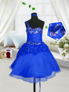 New Style Blue Organza Lace Up Sweetheart Sleeveless Knee Length Toddler Flower Girl Dress Beading and Hand Made Flower