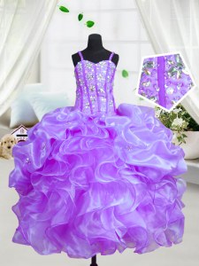 Eggplant Purple Sleeveless Floor Length Beading and Ruffles Lace Up Little Girl Pageant Dress